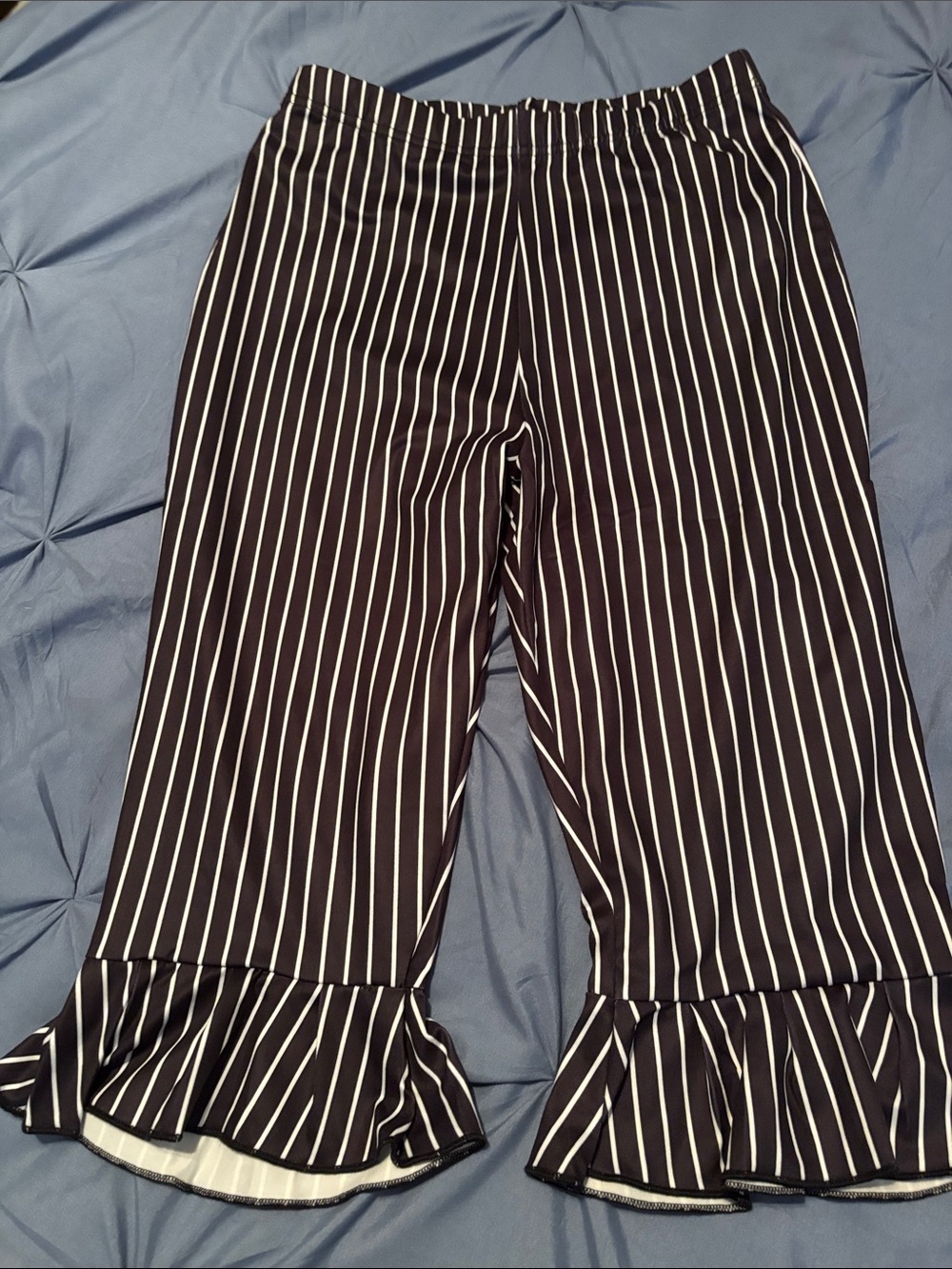 Striped Black & White Ruffle Hem Cropped Pants